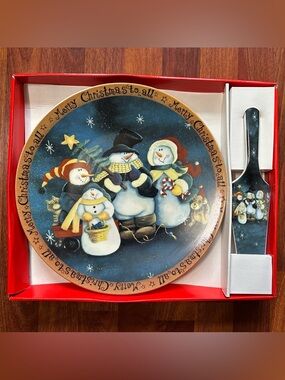 Adorable Holiday Snowman Family Ceramic Cake Plate Set